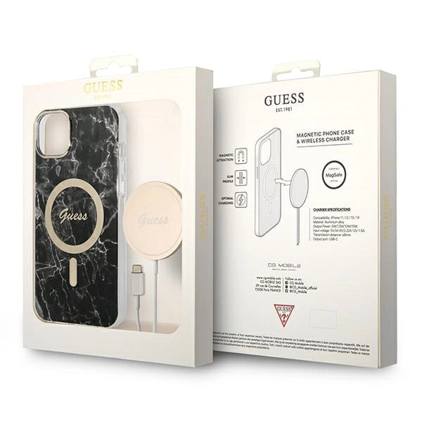 Set Guess GUBPP14SHMEACSK Case+ Charger iPhone 14 6.1" sort/sort hard case Marble MagSafe