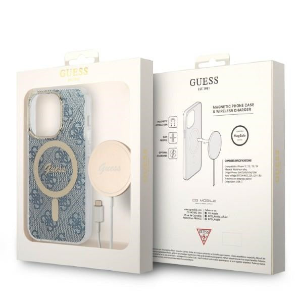Set Guess GUBPP14XH4EACSB Case+ Charger iPhone 14 Pro Max 6,7" blå/blå hårdkasse 4G Print MagSafe