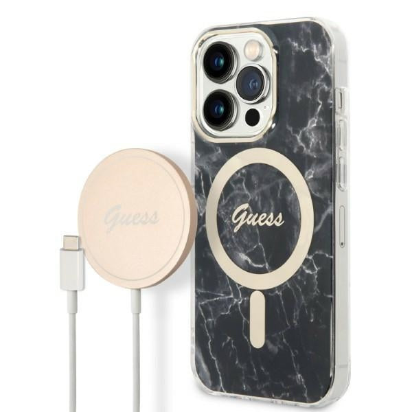 Set Guess GUBPP14XHMEACSK Case+ Charger iPhone 14 Pro Max 6,7" sort/sort hårdkasse Marble MagSafe