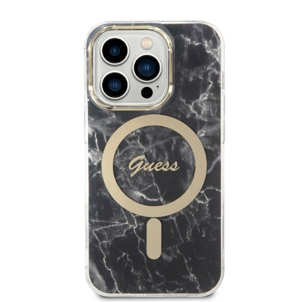 Set Guess GUBPP14XHMEACSK Case+ Charger iPhone 14 Pro Max 6,7" sort/sort hårdkasse Marble MagSafe