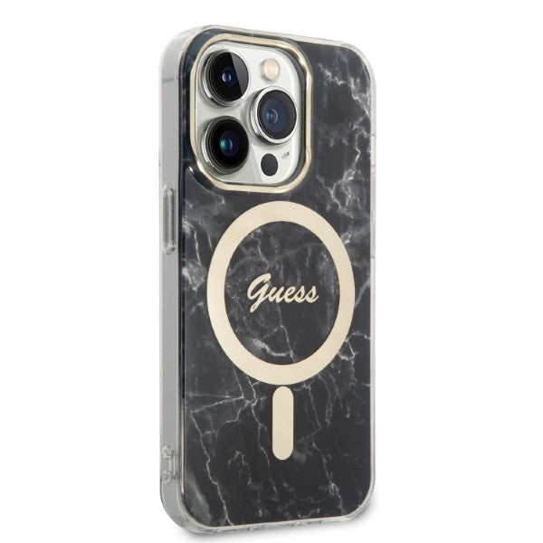 Set Guess GUBPP14XHMEACSK Case+ Charger iPhone 14 Pro Max 6,7" sort/sort hårdkasse Marble MagSafe