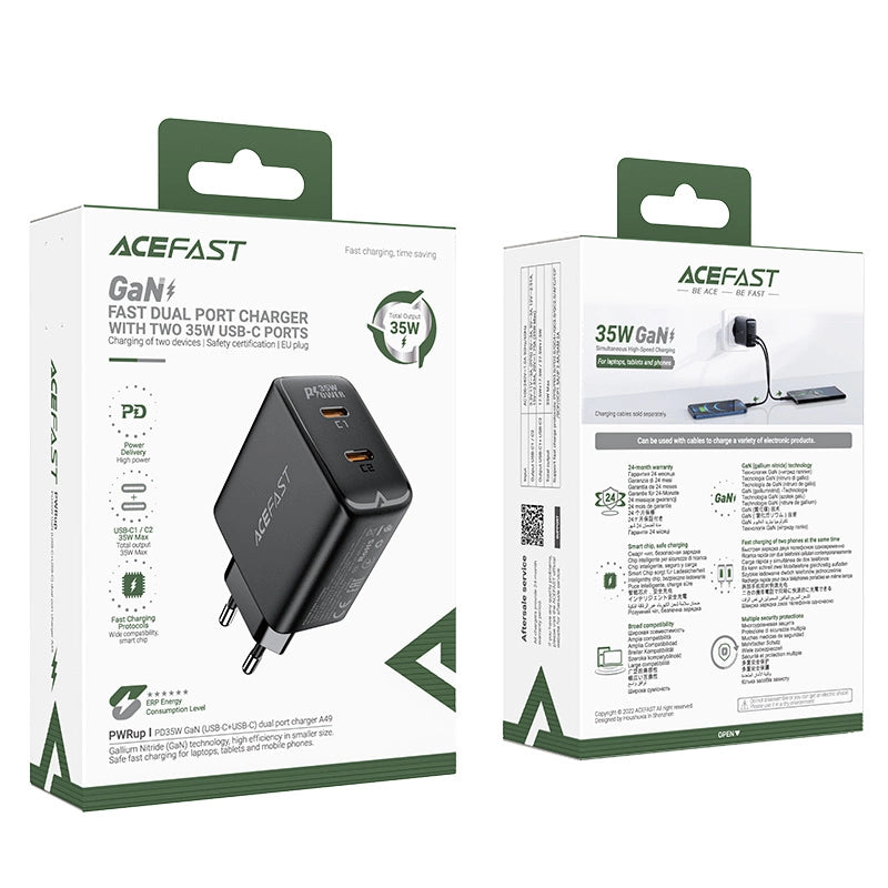 Hurtig opladning GaN 35W PD 2x USB C Acefast A49 - sort