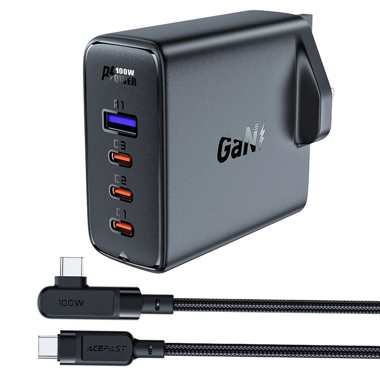 Hurtig opladning GaN UK 100W Power Delivery 3x USB C 1x USB - sort