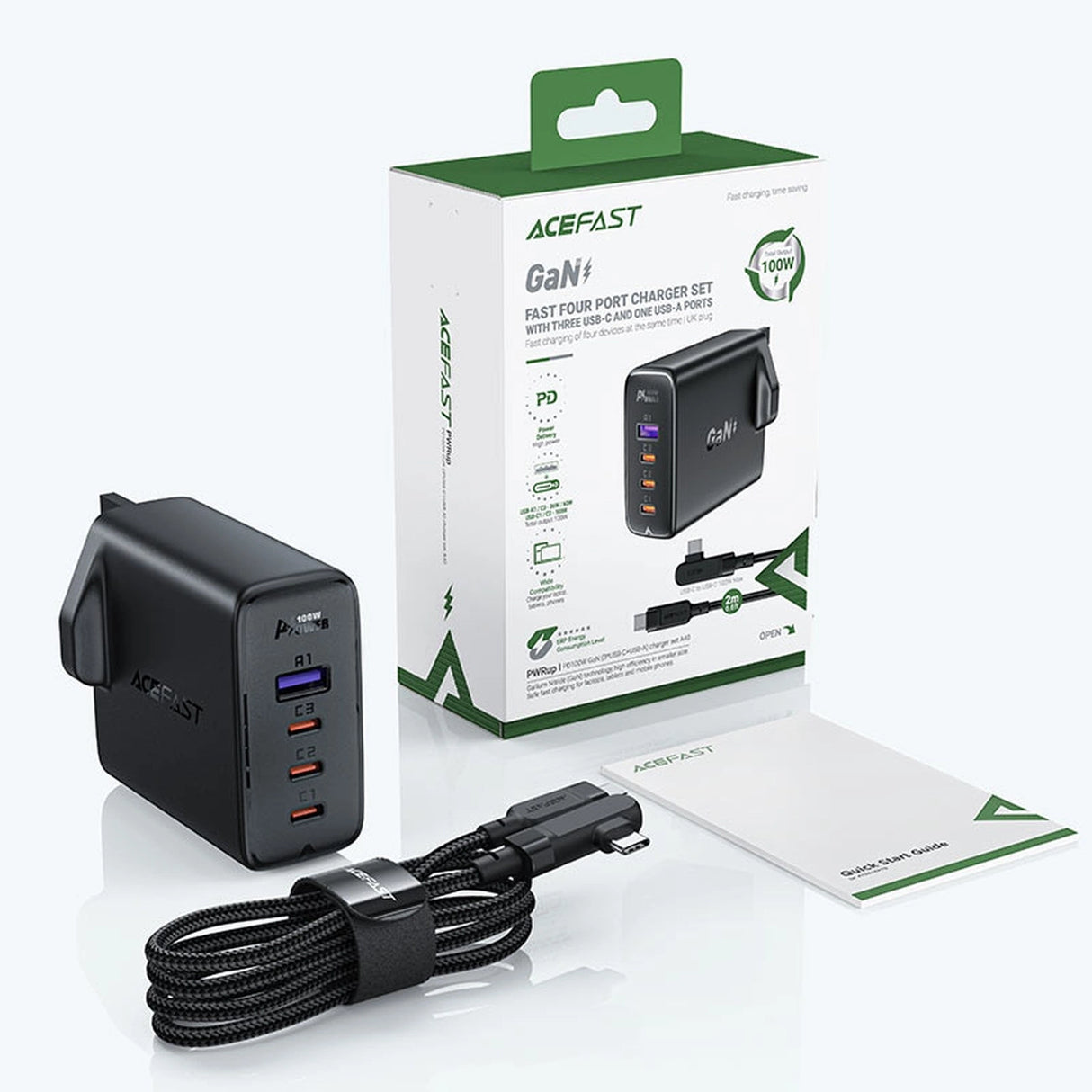 Hurtig opladning GaN UK 100W Power Delivery 3x USB C 1x USB - sort