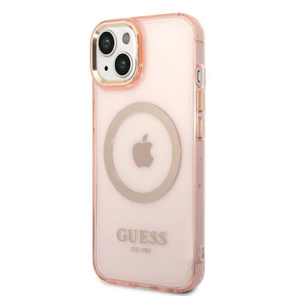 Guess GUHMP14MHTCMP iPhone 14 Plus 6.7" pink/pink hard case Gold Outline Translucent MagSafe
