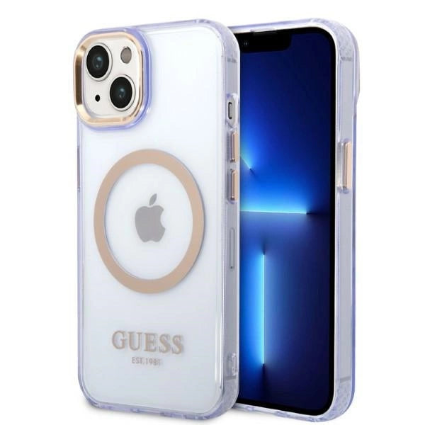 Guess GUHMP14SHTCMU iPhone 14 6.1" lilla/lila hard case Guld Outline Gennemskinnelig MagSafe