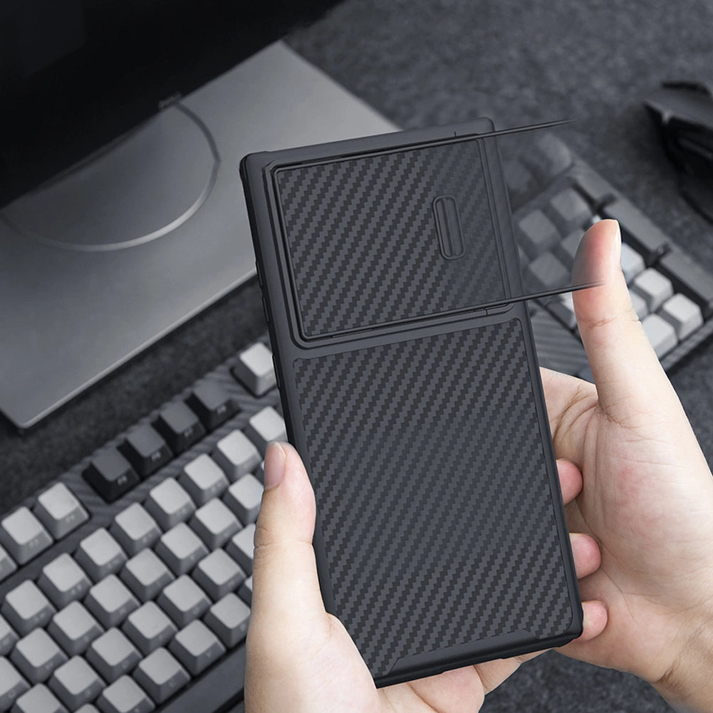 Nillkin Syntetisk Fiber S Case til Samsung Galaxy S23 Ultra, kamera cover, sort