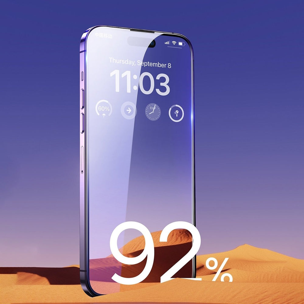 Baseus Full Screen Tempered Glass til iPhone 14 Pro Max med Anti Blue Light Filter og 0.3mm Speaker Cover + Mounting Frame