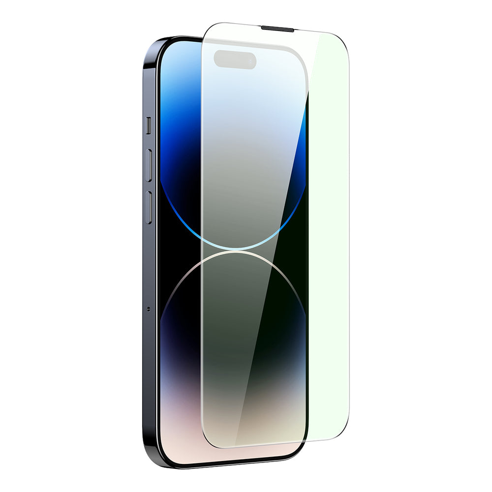 Baseus Full Screen Tempered Glass til iPhone 14 Pro Max med Anti Blue Light Filter og 0.3mm Speaker Cover + Mounting Frame