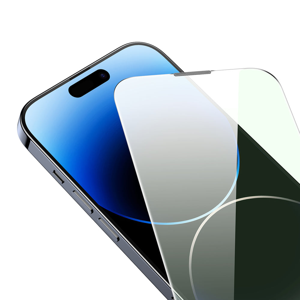 Baseus Full Screen Tempered Glass til iPhone 14 Pro Max med Anti Blue Light Filter og 0.3mm Speaker Cover + Mounting Frame