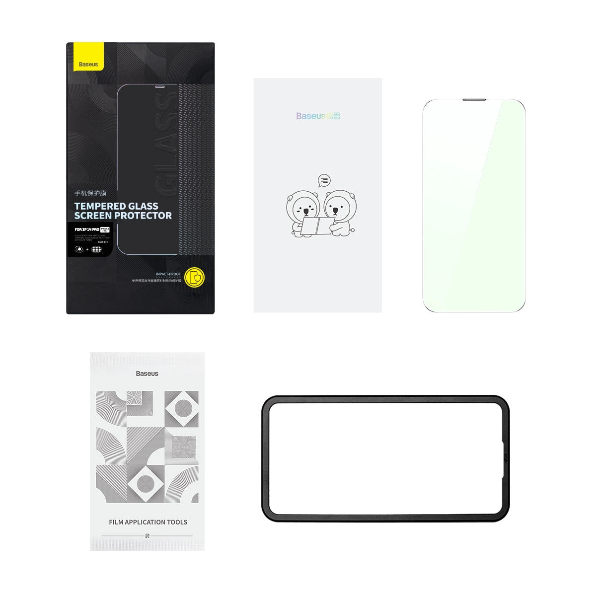 Baseus Full Screen Tempered Glass til iPhone 14 Pro med Anti Blue Light Filter og 0.3mm Speaker Cover + Montering Frame