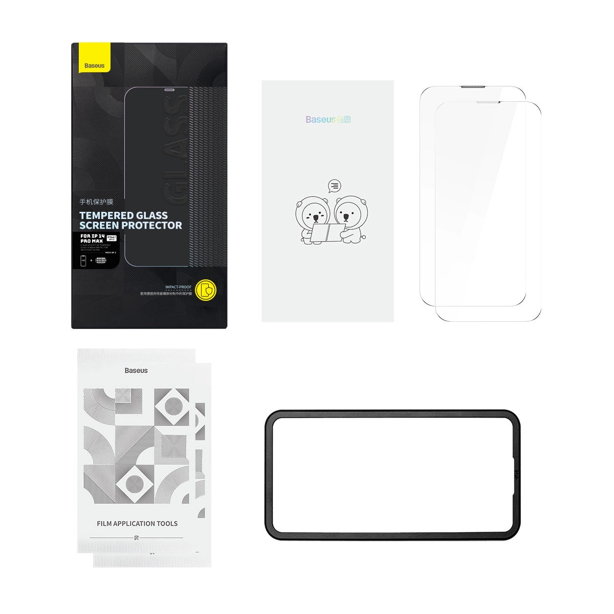 Baseus sæt af 2x hærdet glas til iPhone 14 Pro Max fuld skærm med højttaler cover 0,3 mm + montering ramme