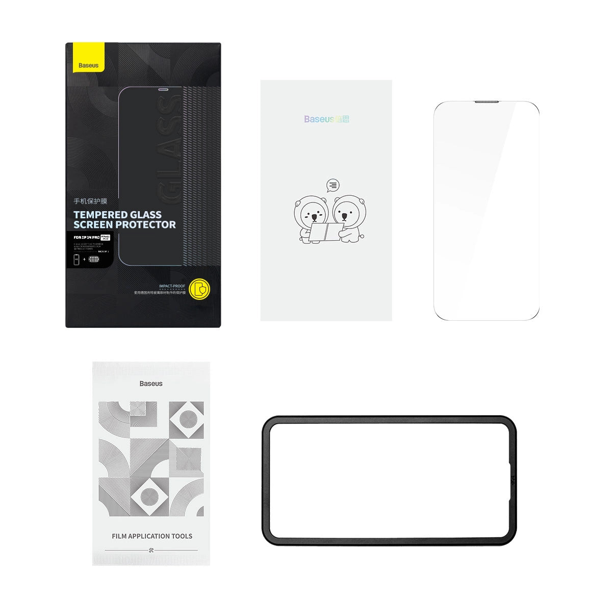 Baseus Full Screen Tempered Glass til iPhone 14 Pro med højttaler dækning 0,3 mm + monteringsramme