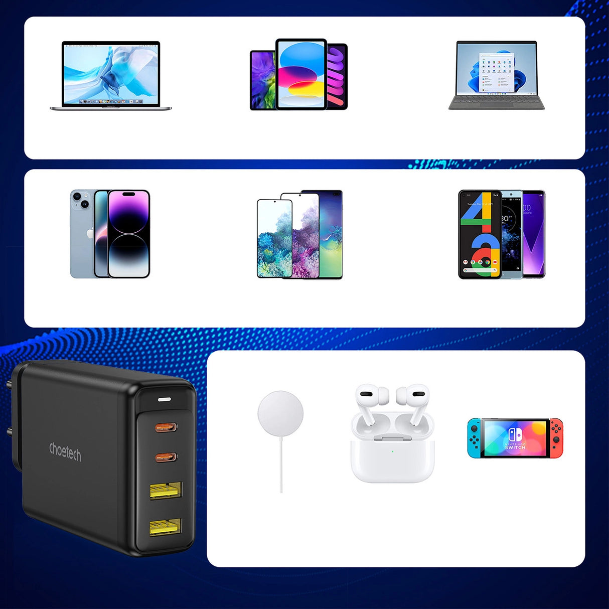 Choetech oplader GaN 140W 4 porte (2x USB C, 2x USB) sort (PD6005)