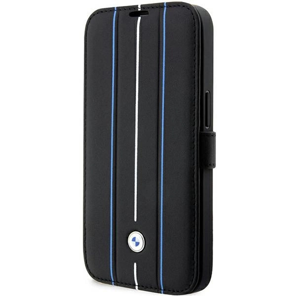 Case BMW BMBKP14X22RVSK iPhone 14 Pro Max 6.7" sort/sort bogreol læder stempel blå linjer