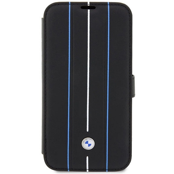 Case BMW BMBKP14X22RVSK iPhone 14 Pro Max 6.7" sort/sort bogreol læder stempel blå linjer