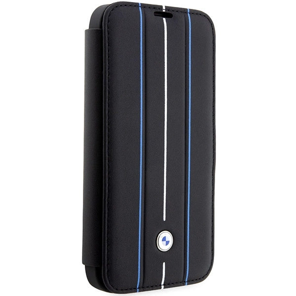 Case BMW BMBKP14X22RVSK iPhone 14 Pro Max 6.7" sort/sort bogreol læder stempel blå linjer