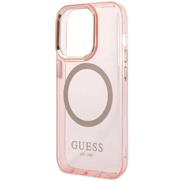 Guess GUHMP14XHTCMP iPhone 14 Pro Max 6.7" pink/pink hard case Gold Outline Translucent MagSafe
