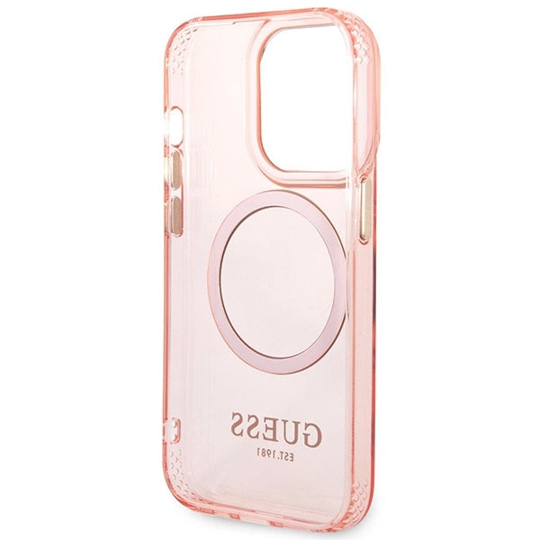 Guess GUHMP14XHTCMP iPhone 14 Pro Max 6.7" pink/pink hard case Gold Outline Translucent MagSafe