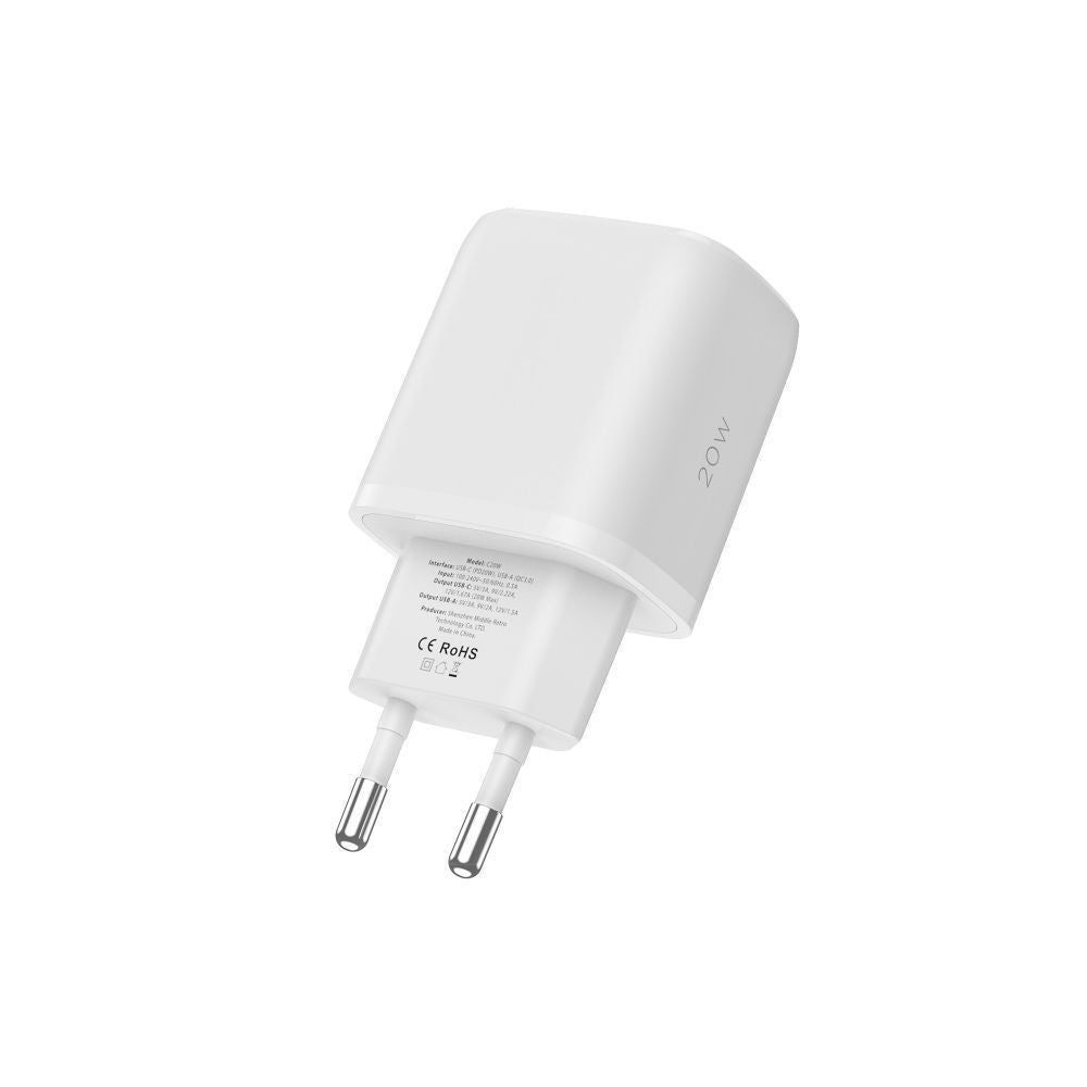 Tech Protect C20 W 2 Port Netværksopladder Pd 20 W / Qc3.0 + Lightning Kabel Hvid