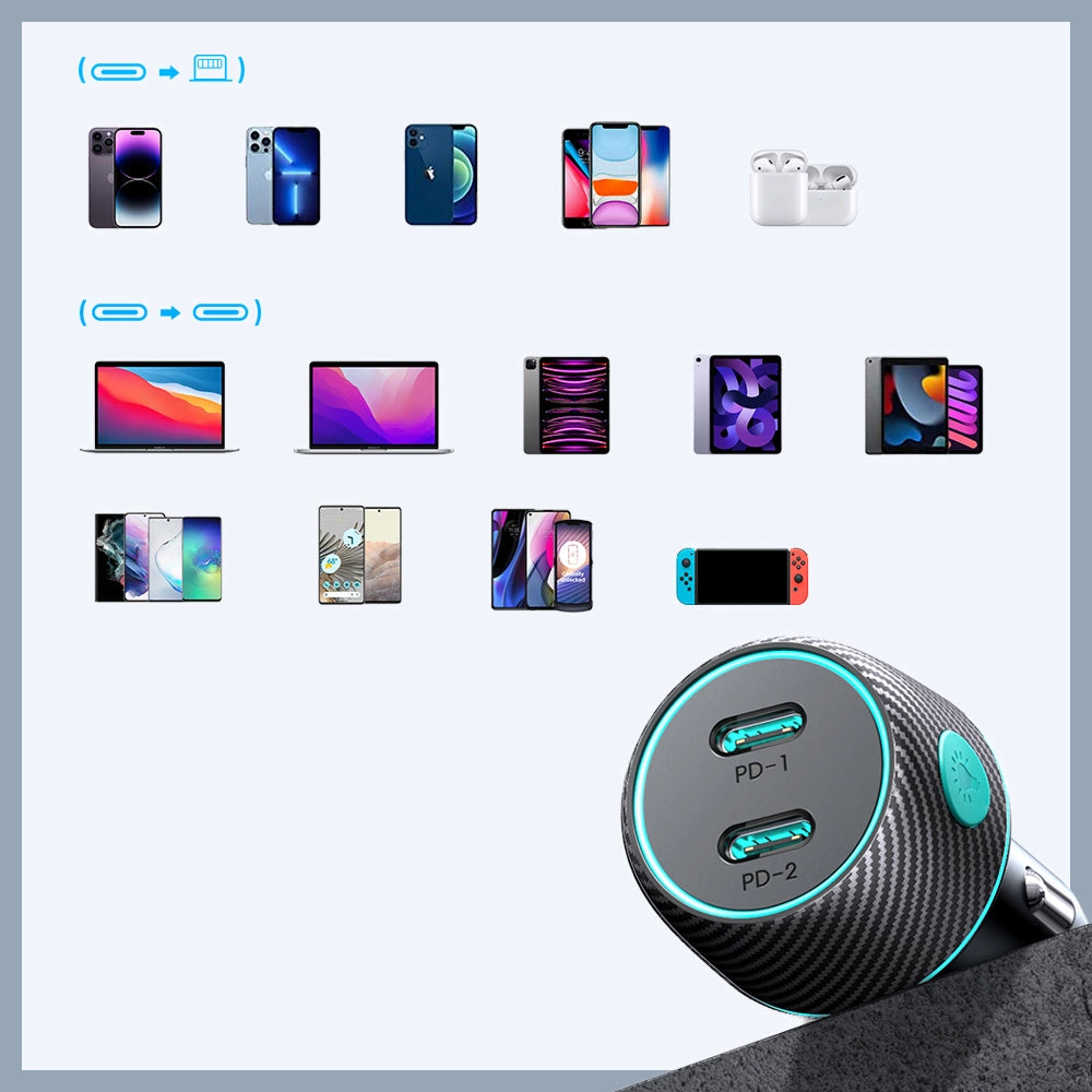 2x USB C 70W bil oplader med LED baglys Joyroom JR-CCN02 - sort