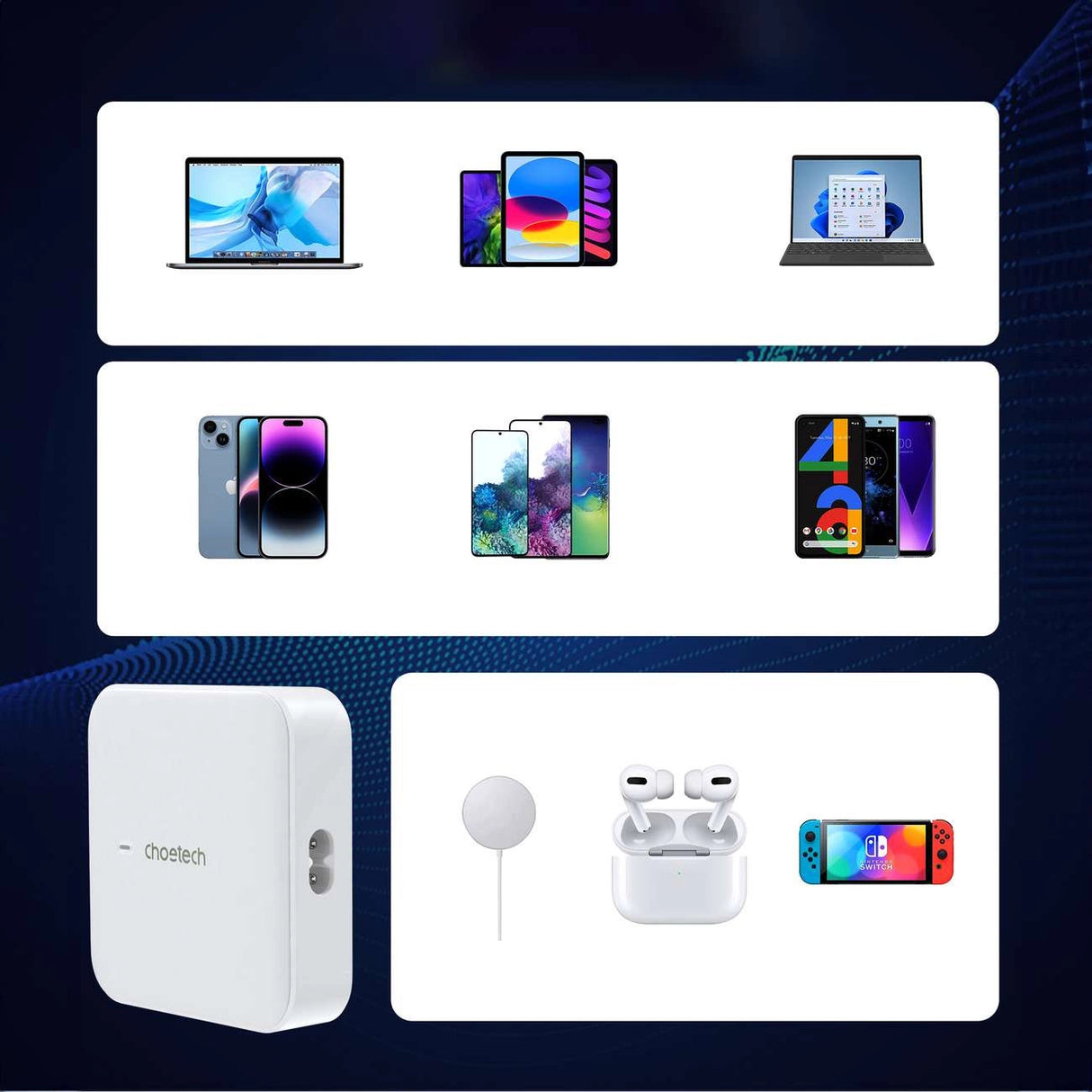 Choetech PD8008 100W GaN hurtigoplader 2x USB-A / 2x USB-C - hvid