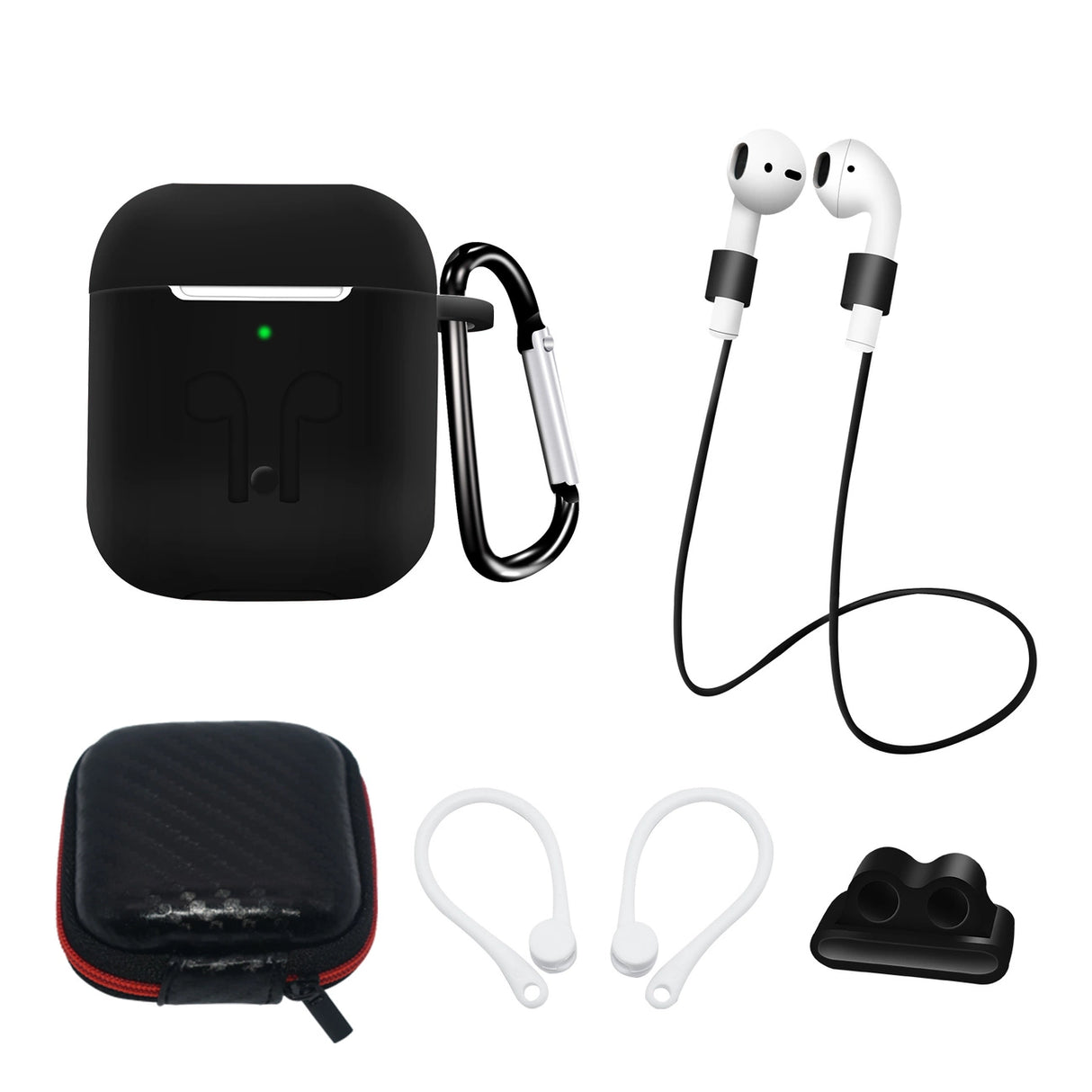 Silikonhylsteret til AirPods 2 / AirPods 1 + Hylster / Ørekrog / Halsbånd / Uretøjsholder / Karabiner - sort