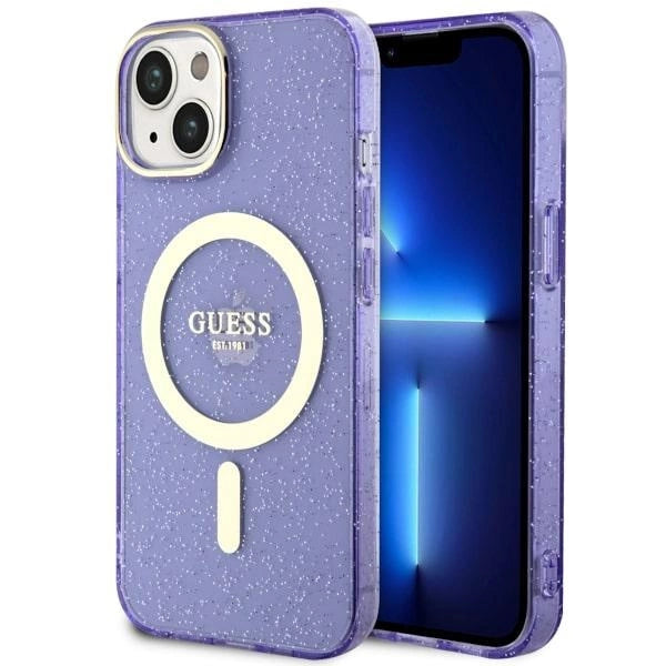 Guess Glitter Gold MagSafe-fodral til iPhone 14 - lilla