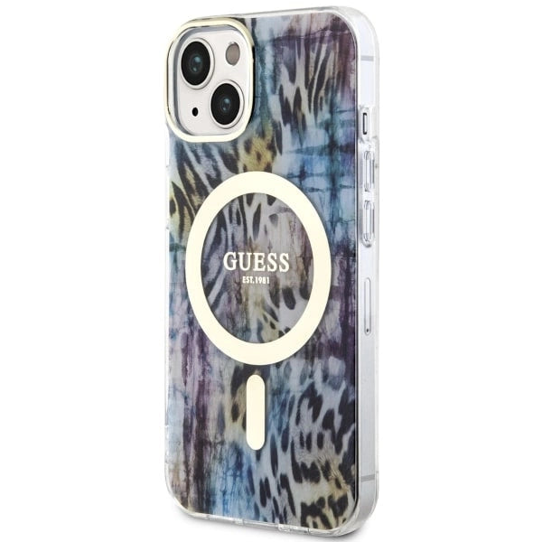 Guess Leopard MagSafe-hylster til iPhone 14 - blå