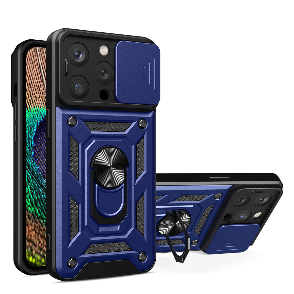 Hybrid Armor Camshield iPhone 15 Pro Case med Kickstand og Camera Cover - Blå