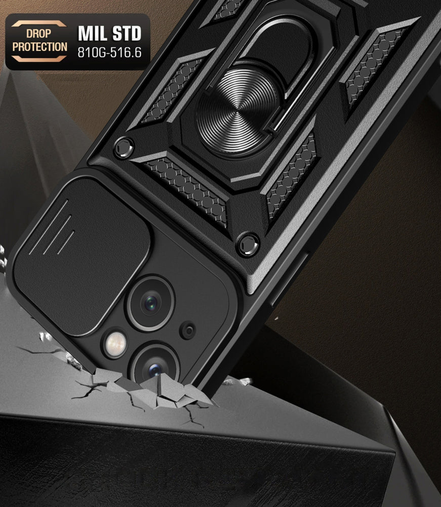 Hybrid Armor Camshield Case med Stand og Camera Cover til iPhone 15 Plus - Blå