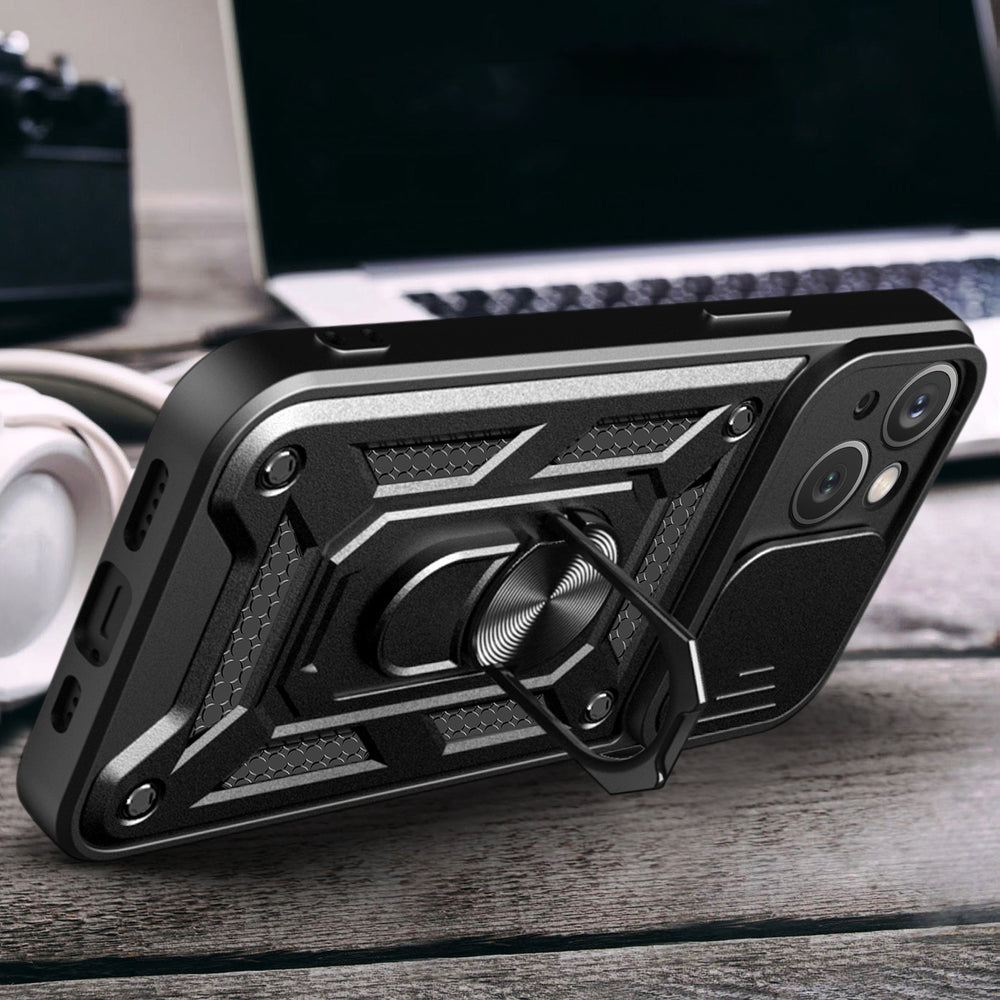 Hybrid Armor Camshield Case med Stand og Camera Cover til iPhone 15 Plus - Blå
