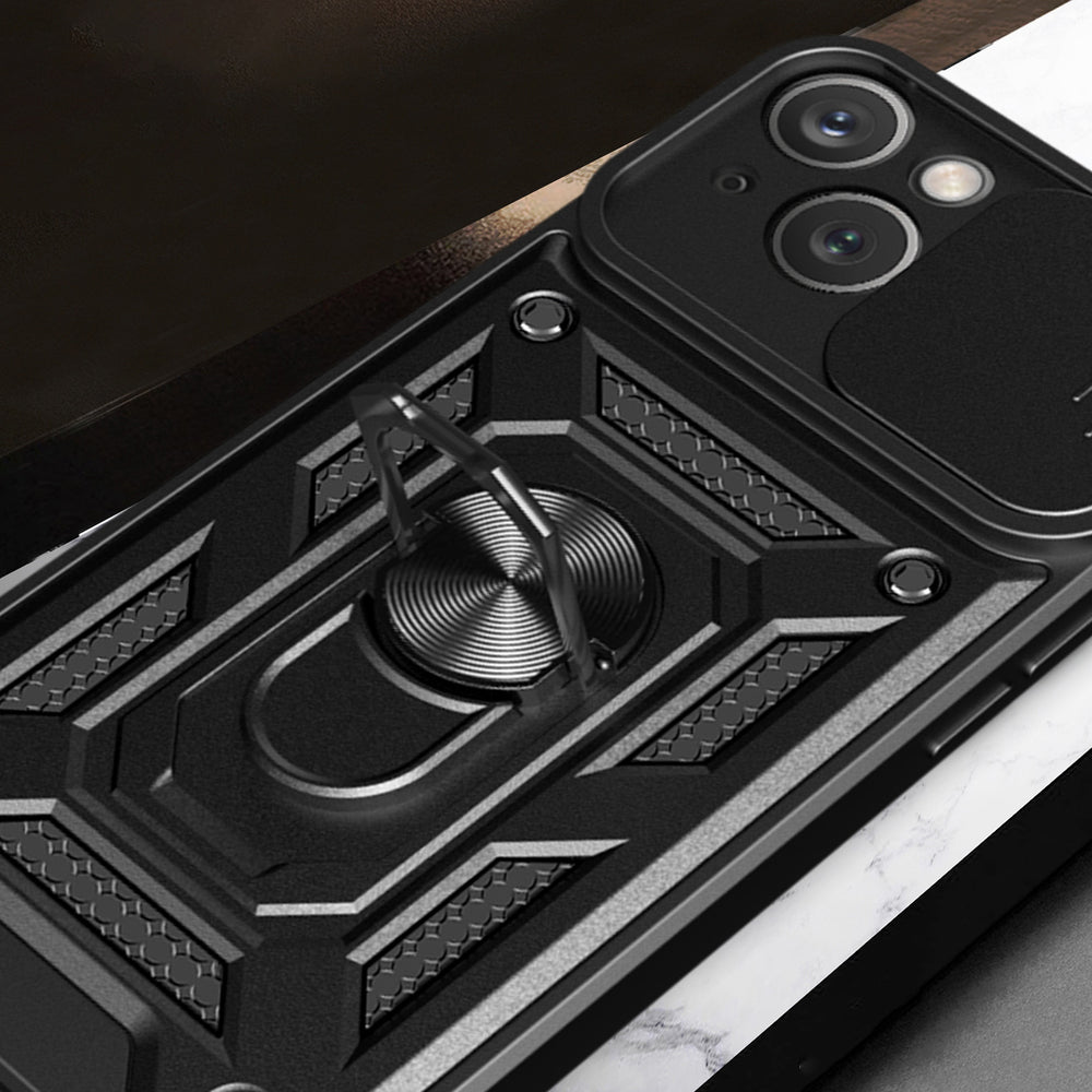 Hybrid Armor Camshield Case med Stand og Camera Cover til iPhone 15 Plus - Blå