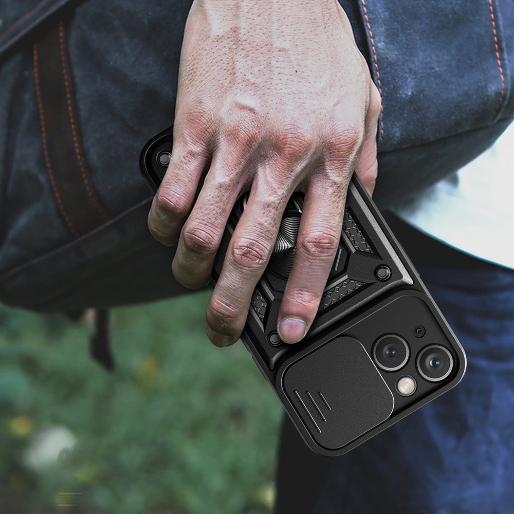 Hybrid Armor Camshield Case med Stand og Camera Cover til iPhone 15 Plus - Blå