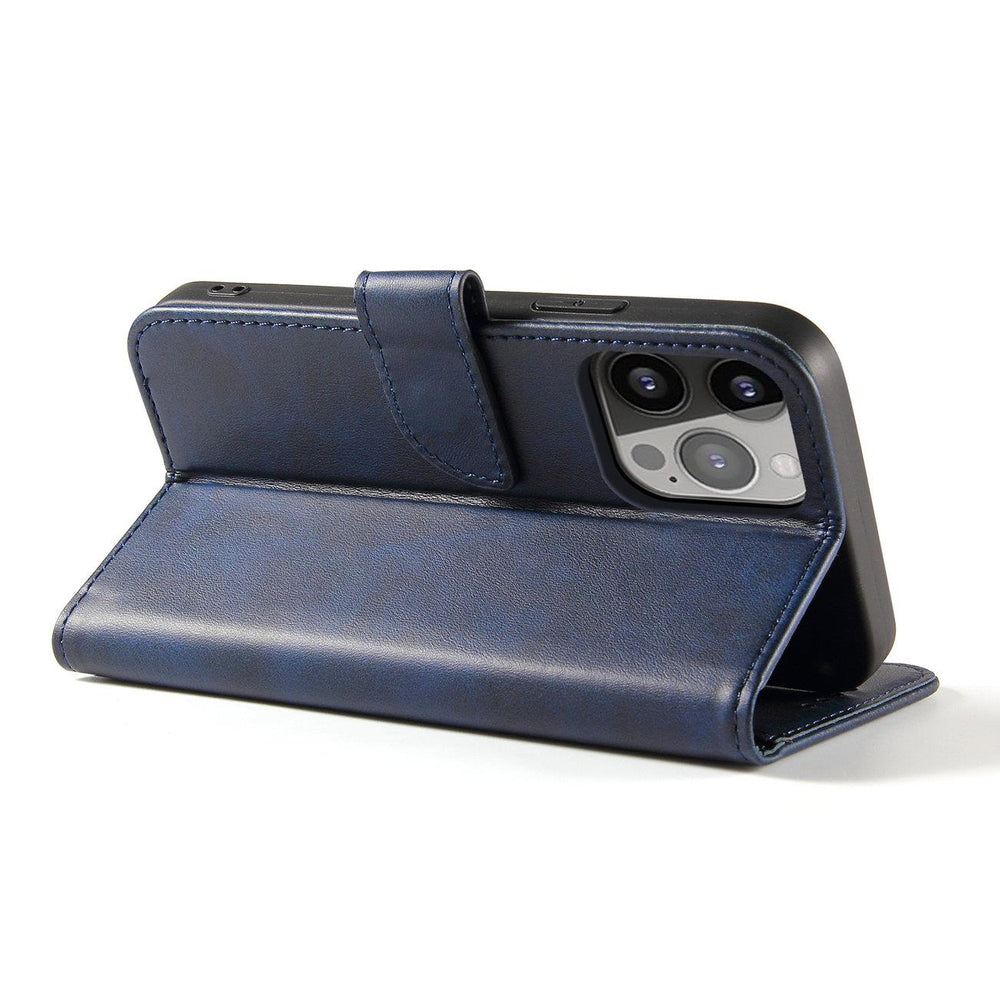 Lommefoder med stativ til iPhone 15 Plus - blå .