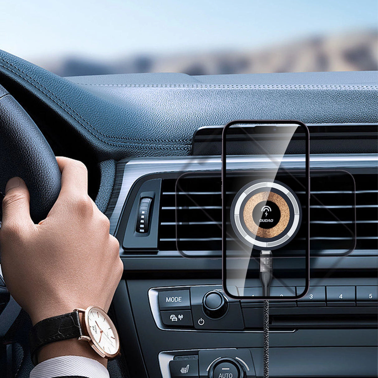 Magnetisk holder med MagSafe induktiv oplader til cockpit/luftventil 15W Dudao F12MAX+ - sort