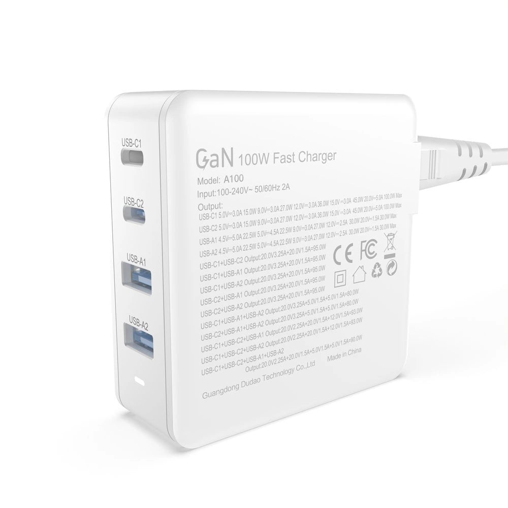 GaN 100W hurtig vægoplader 2 x USB-C / 2 x USB Dudao A100EU - hvid