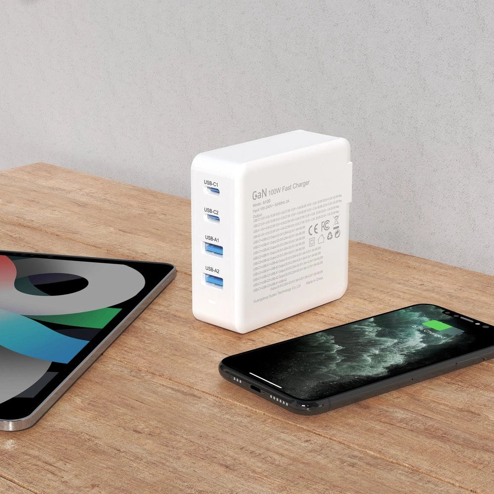 GaN 100W hurtig vægoplader 2 x USB-C / 2 x USB Dudao A100EU - hvid