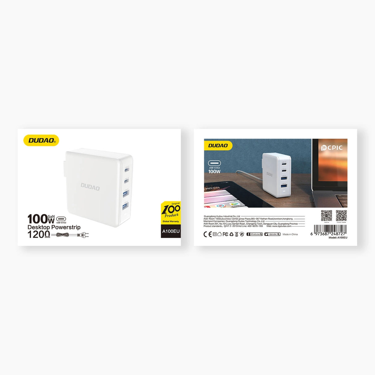 GaN 100W hurtig vægoplader 2 x USB-C / 2 x USB Dudao A100EU - hvid