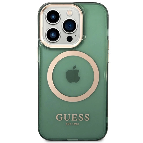 Guess GUHMP14XHTCMA iPhone 14 Pro Max 6,7" grøn/khaki hård forside Guld Outline Gennemskinnelig MagSafe