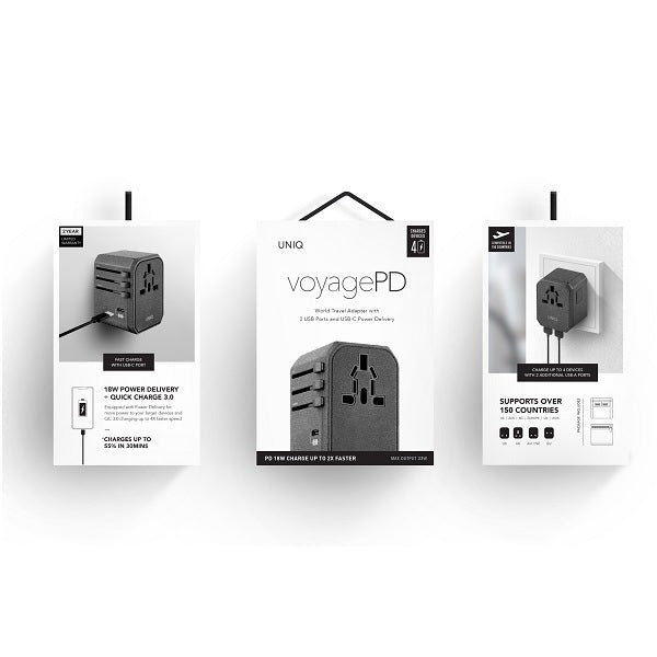 Uniq Voyage LITHOS Collective 33W 2xUSB PD 18W QC 3.0 rejseadapter - grå