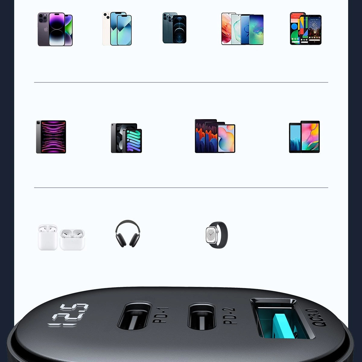 Joyroom JR-CCD04 30W 2x USB-C USB-A biloplader med display - sort
