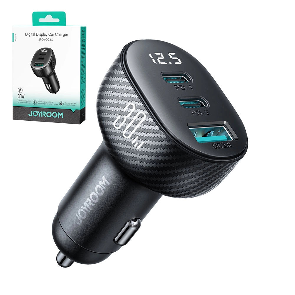 Joyroom JR-CCD04 30W 2x USB-C USB-A biloplader med display - sort