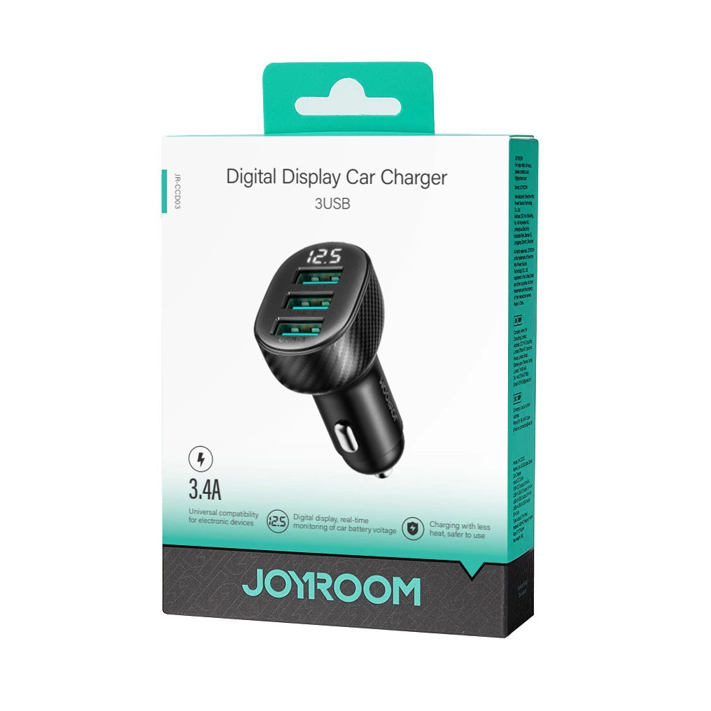 Joyroom JR-CCD03 3.4A biloplader med 3x USB-A display - sort