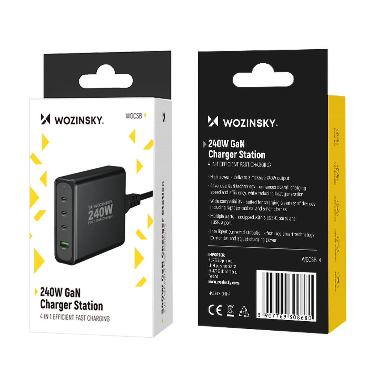 GaN Wozinsky WGCSB 240W USB-A / 3 x USB-C Wall Charger - sort