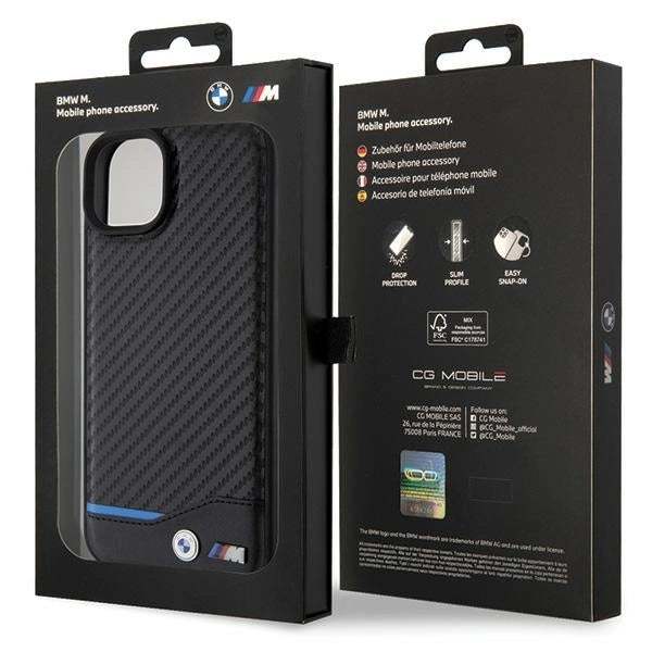 BMW læder Carbon-foder for iPhone 15 Plus - sort