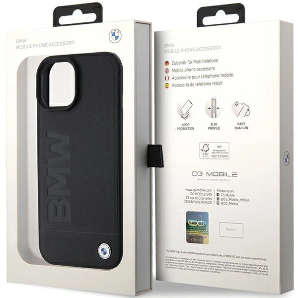 BMW læder Hot Stamp case til iPhone 15 - sort