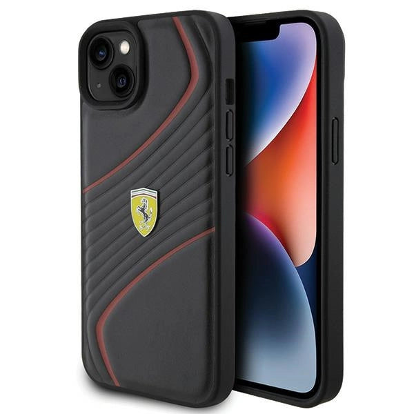 Ferrari Twist Metal Logo-foder til iPhone 15 Plus - sort