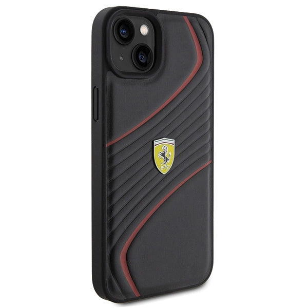 Ferrari Twist Metal Logo-foder til iPhone 15 Plus - sort