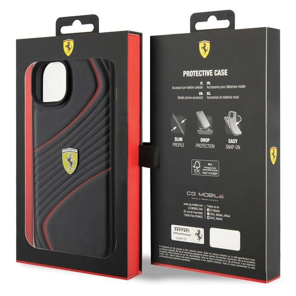 Ferrari Twist Metal Logo-foder til iPhone 15 Plus - sort